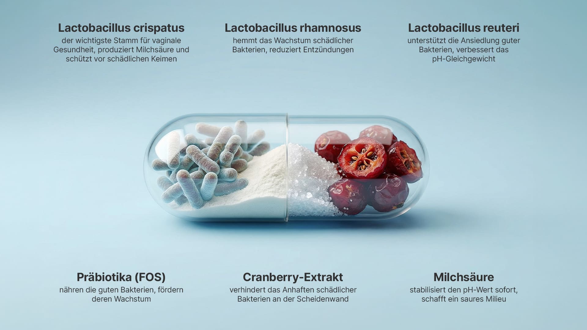 An infographic of a supplement capsule containing bacteria, powder, and cranberries, with descriptive German text.