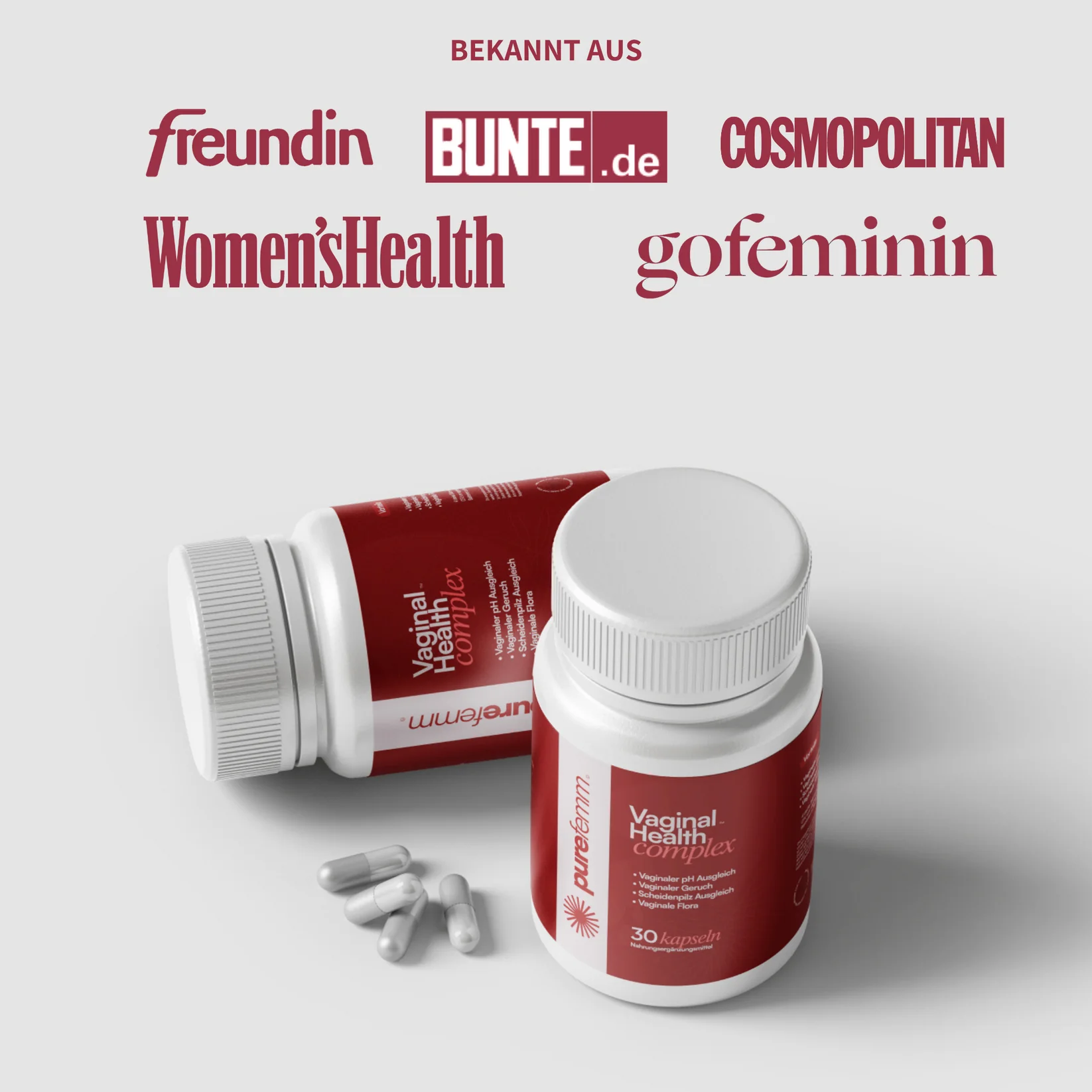 Two bottles of vaginal health supplements with capsules and brand logos.