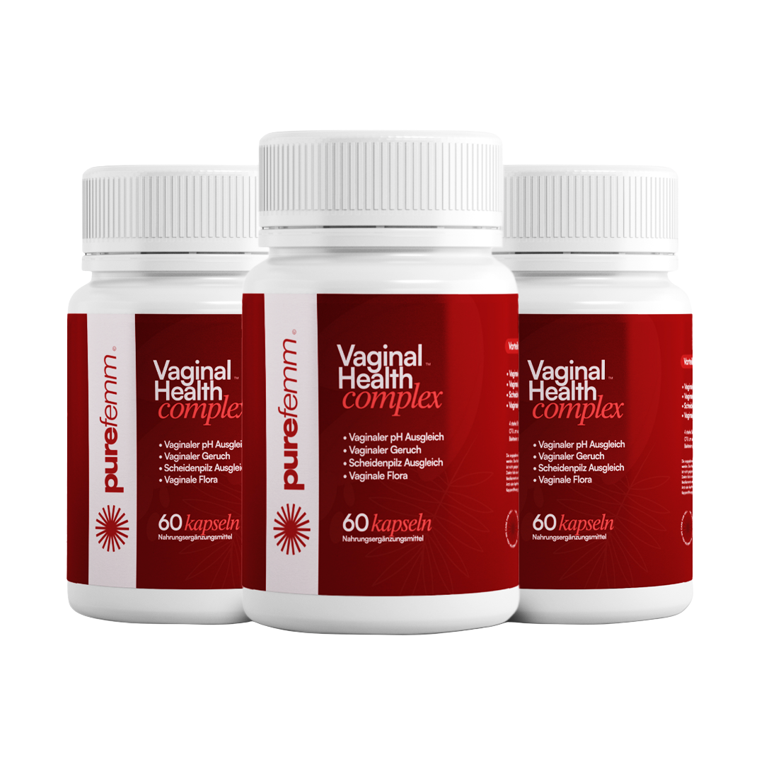 Three bottles of Vaginal Health Complex with red and white labels.