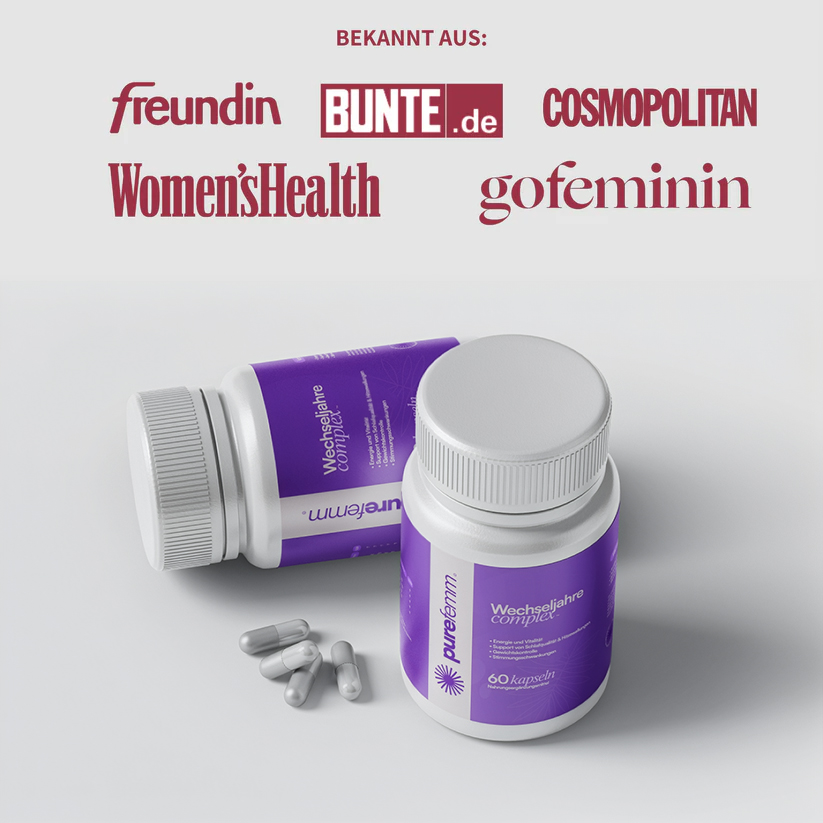Two bottles of supplements, with several capsules, and magazine logos above.