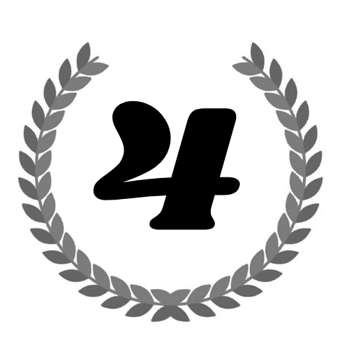 Black number 24 inside a laurel wreath on a white background.