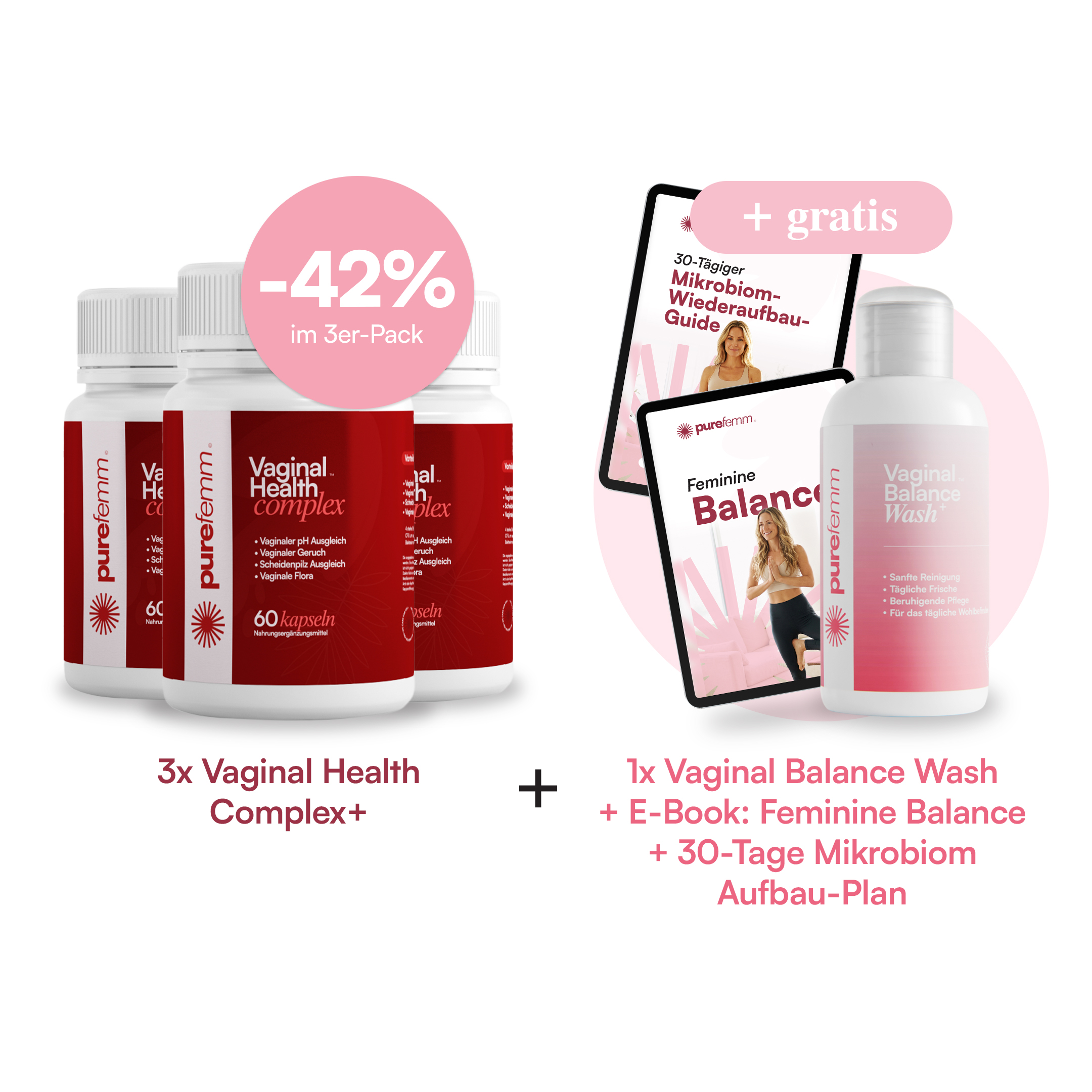 A promotional image of a purefemm product bundle, including vaginal health capsules, wash, and an e-book.