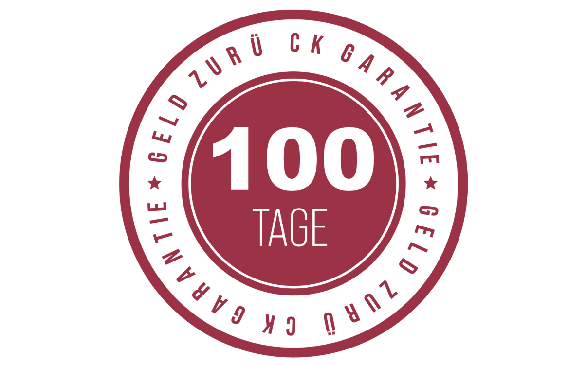 '100 Tage Geld-zurück-Garantie badge in red and black circular design.'