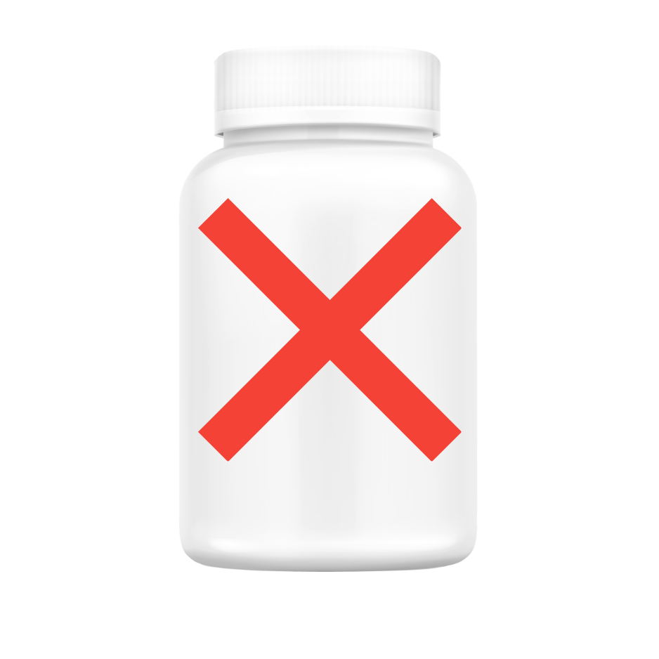 A white pill bottle with a large red X on it against a white background.