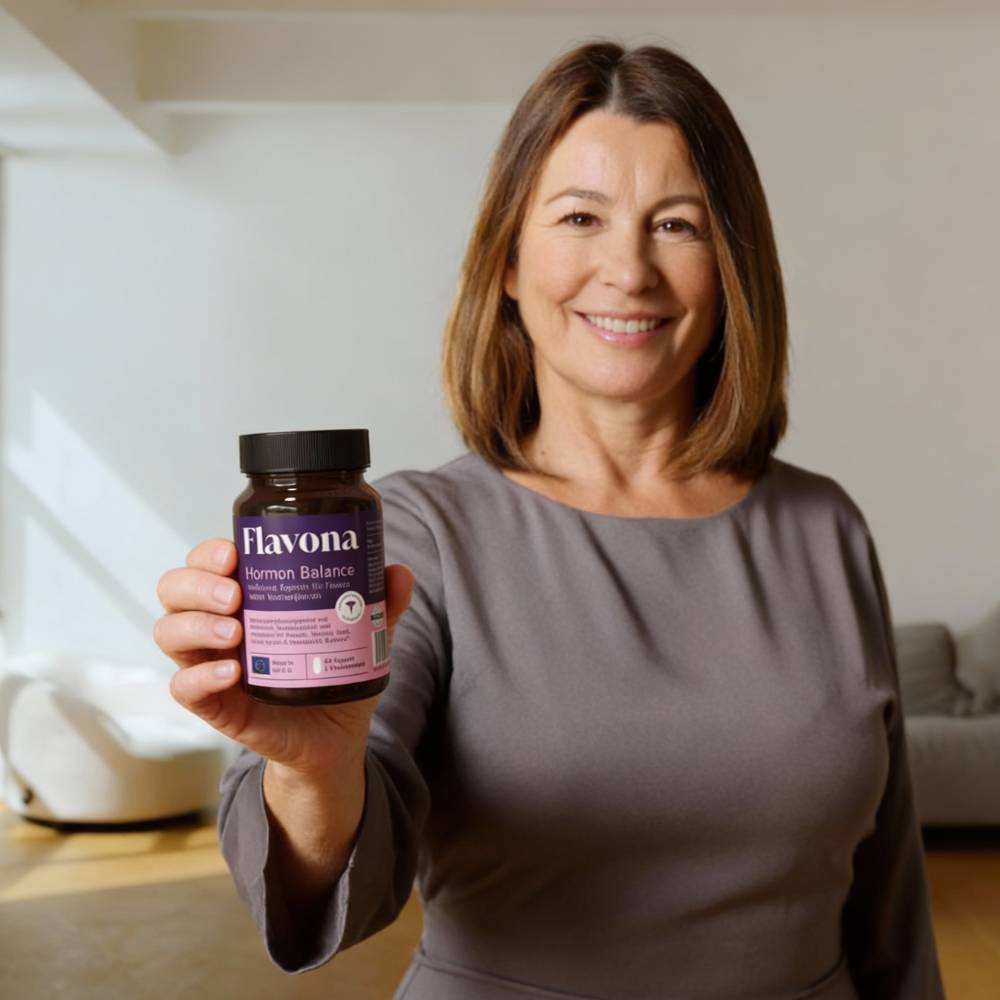 Person holding a jar labeled 'Flavona Hormone Balance' indoors.