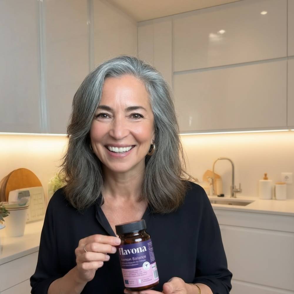 Person holding a bottle of supplements in a kitchen.