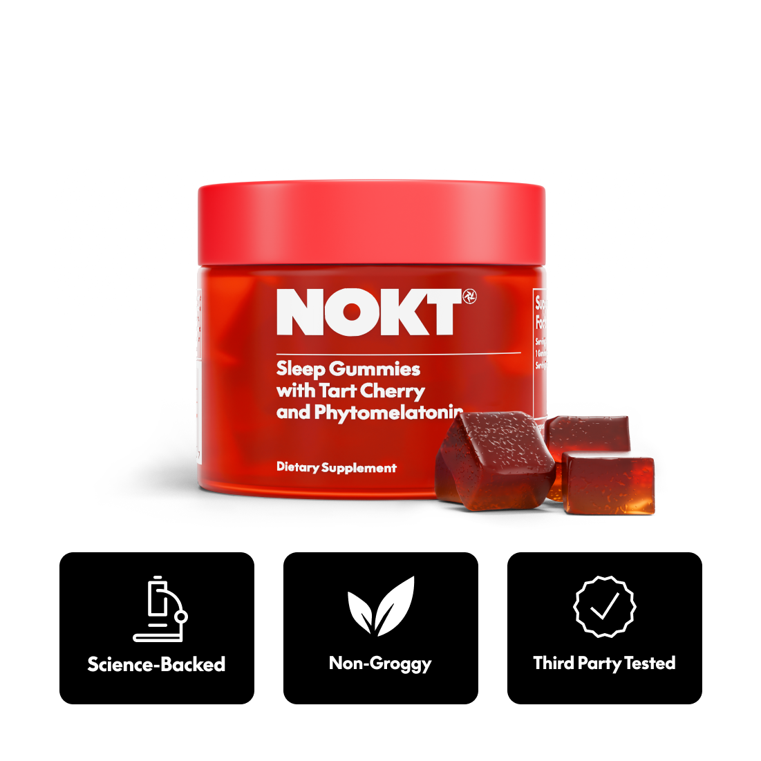 Red jar of NOKT Sleep Gummies with icons: Science-Backed, Non-Groggy, Third Party Tested.