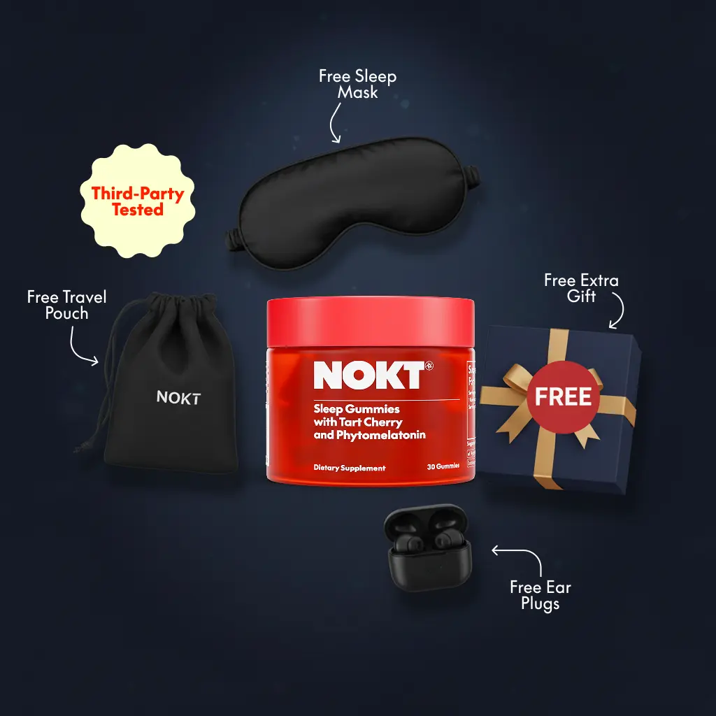 Image of NOKT sleep gummies with sleep mask, pouch, ear plugs, and gift.