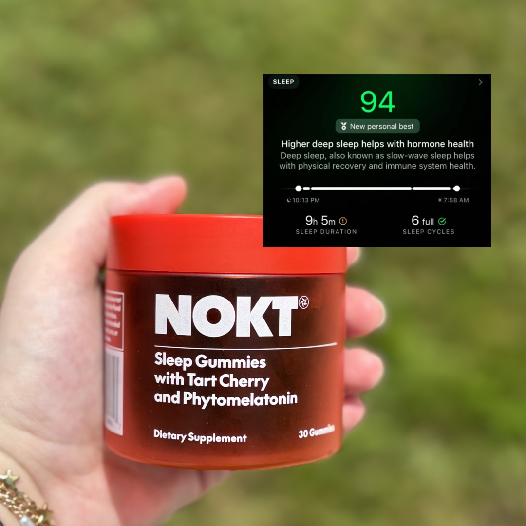 Hand holding NOKT sleep gummies container with sleep tracking app screenshot overlay.