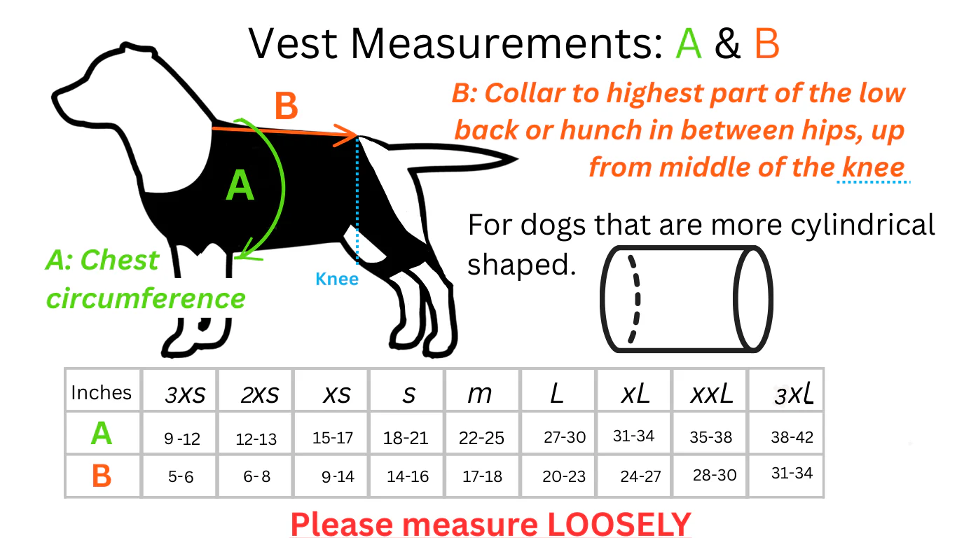 A diagram and size chart explaining how to measure a dog for a vest.