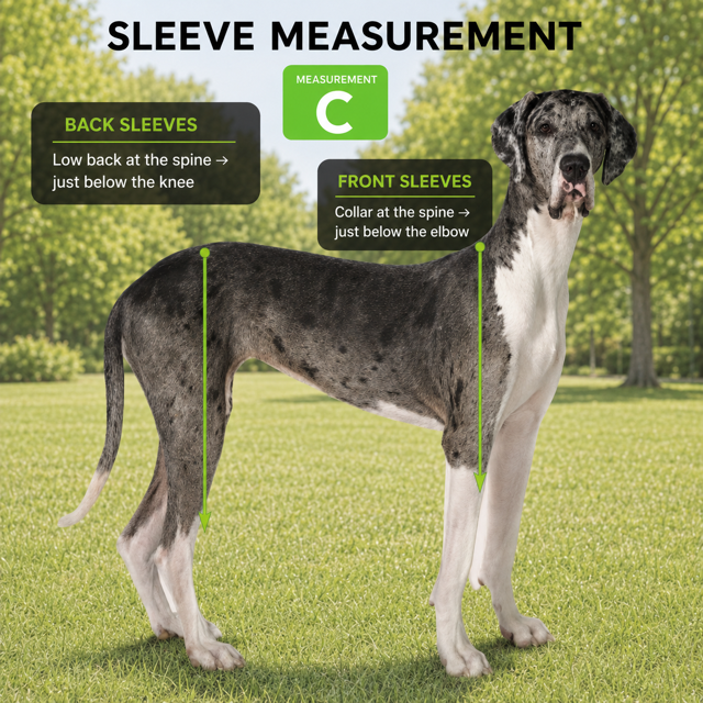 A diagram showing sleeve measurements on a Great Dane, with arrows pointing to the front and back legs.