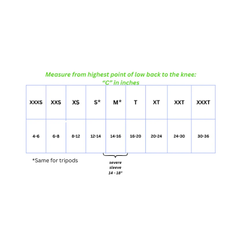 A sizing chart showing sizes from XXXS to XXXT and corresponding measurements in inches.