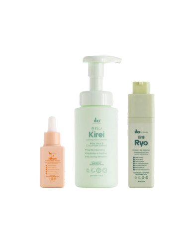 Three skincare bottles labeled Kirei, Ryo, and Ionne on a white background.