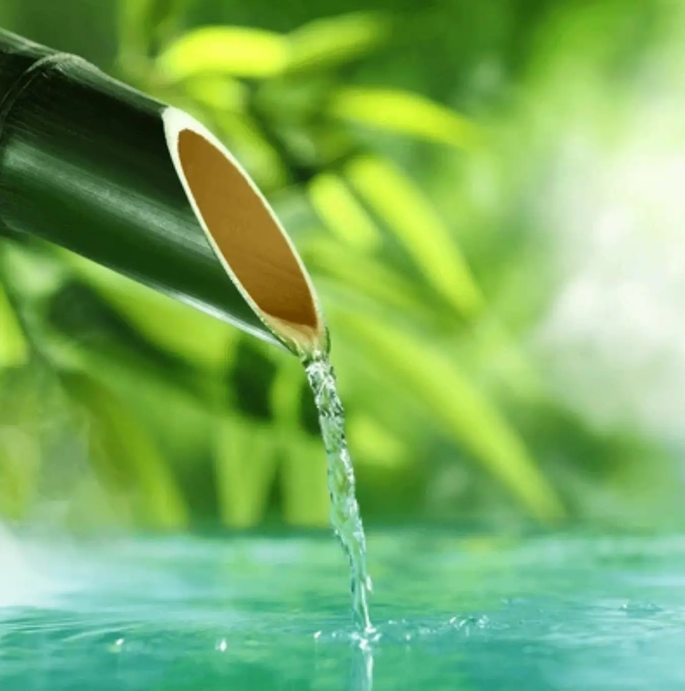 A close-up of water flowing from a bamboo spout into a pool of calm water.