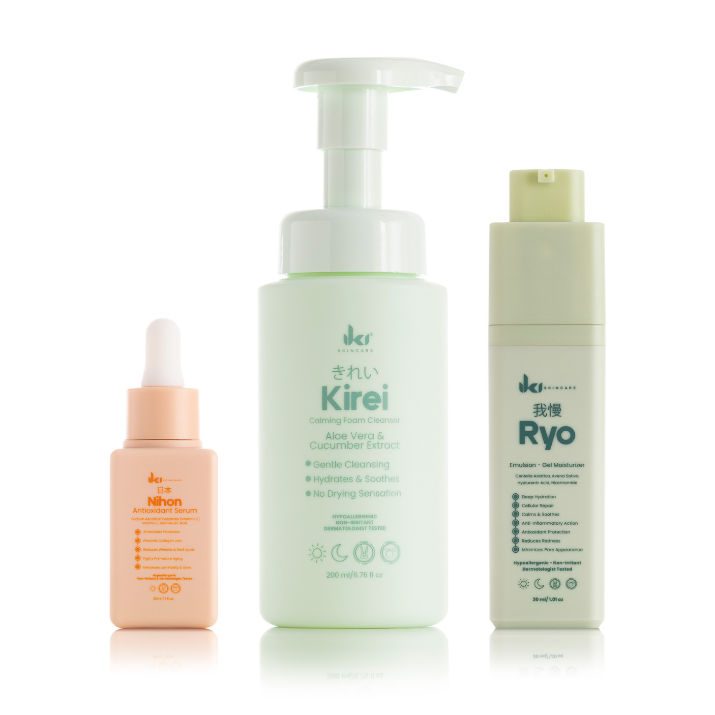 Three bottles of JKI Skincare products—a serum, a foam cleanser, and a moisturizer—against a white background.