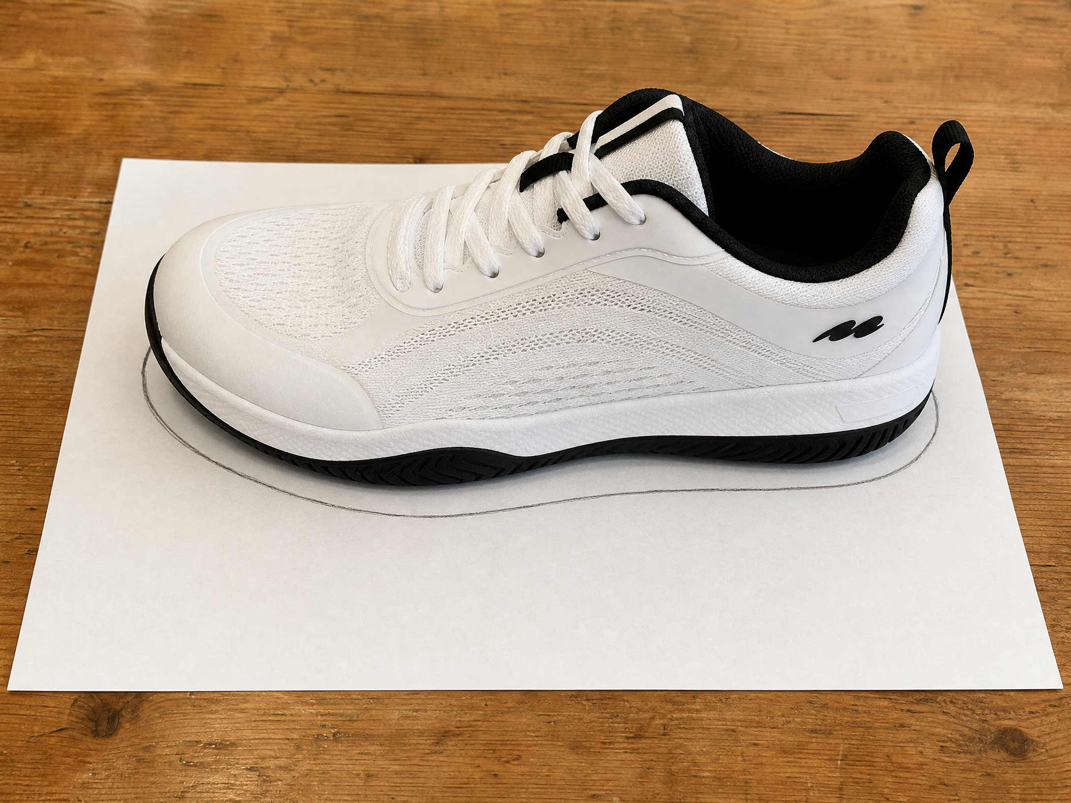 A white athletic shoe sits on a piece of paper with its outline traced around it.