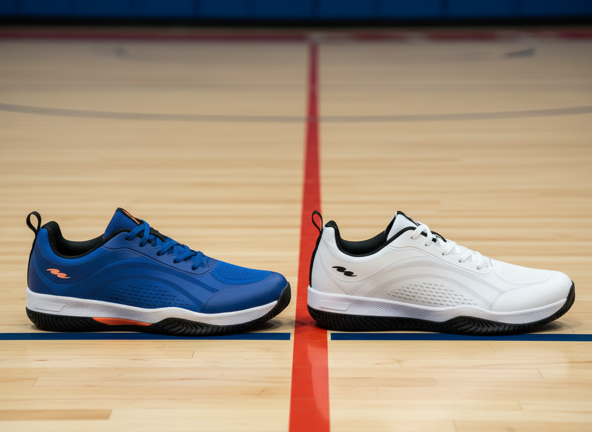A blue sneaker and a white sneaker sit on a basketball court, separated by a red line.