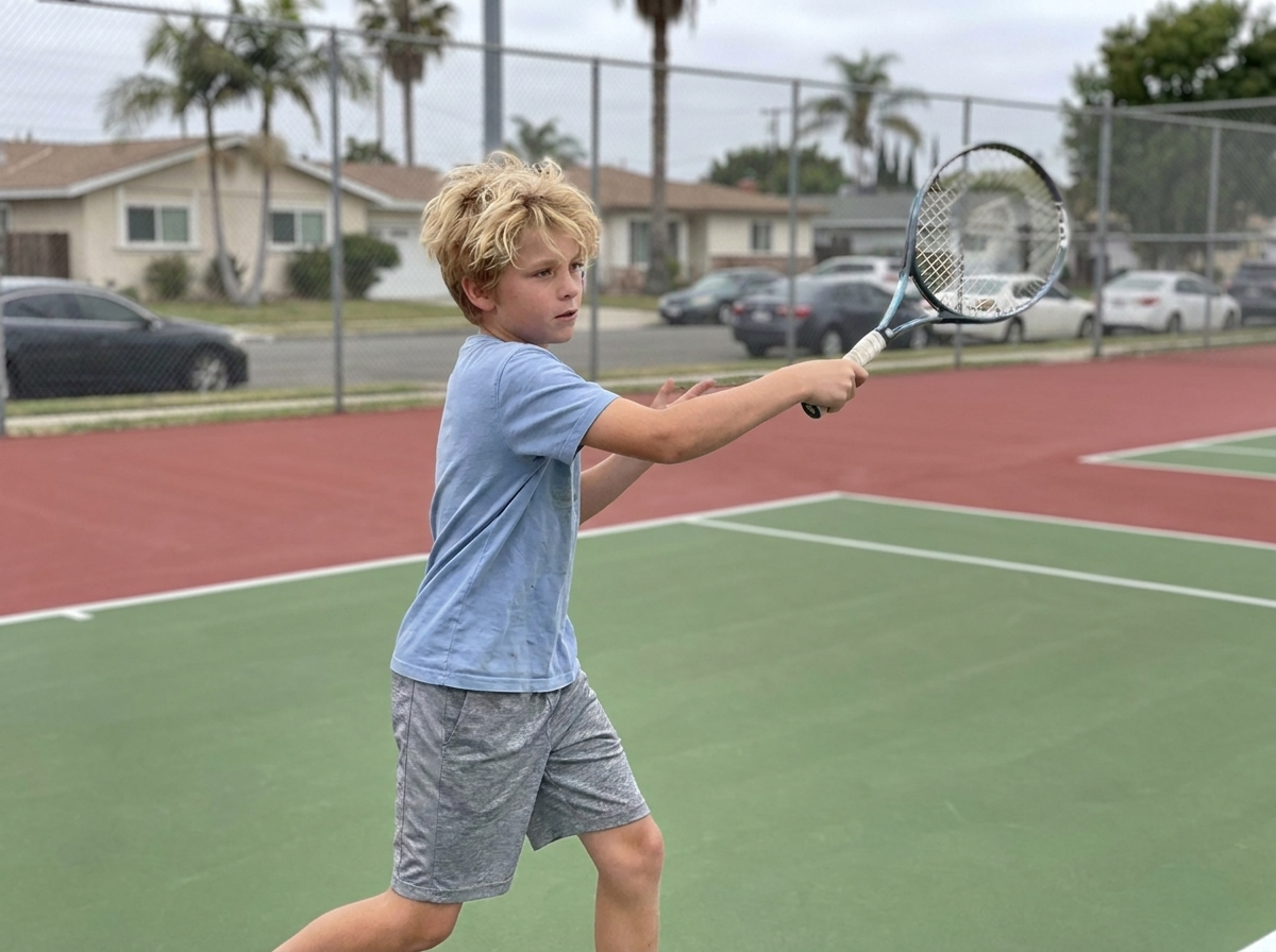 A young boy with blond hair in a blue shirt hits a forehand on a tennis court.