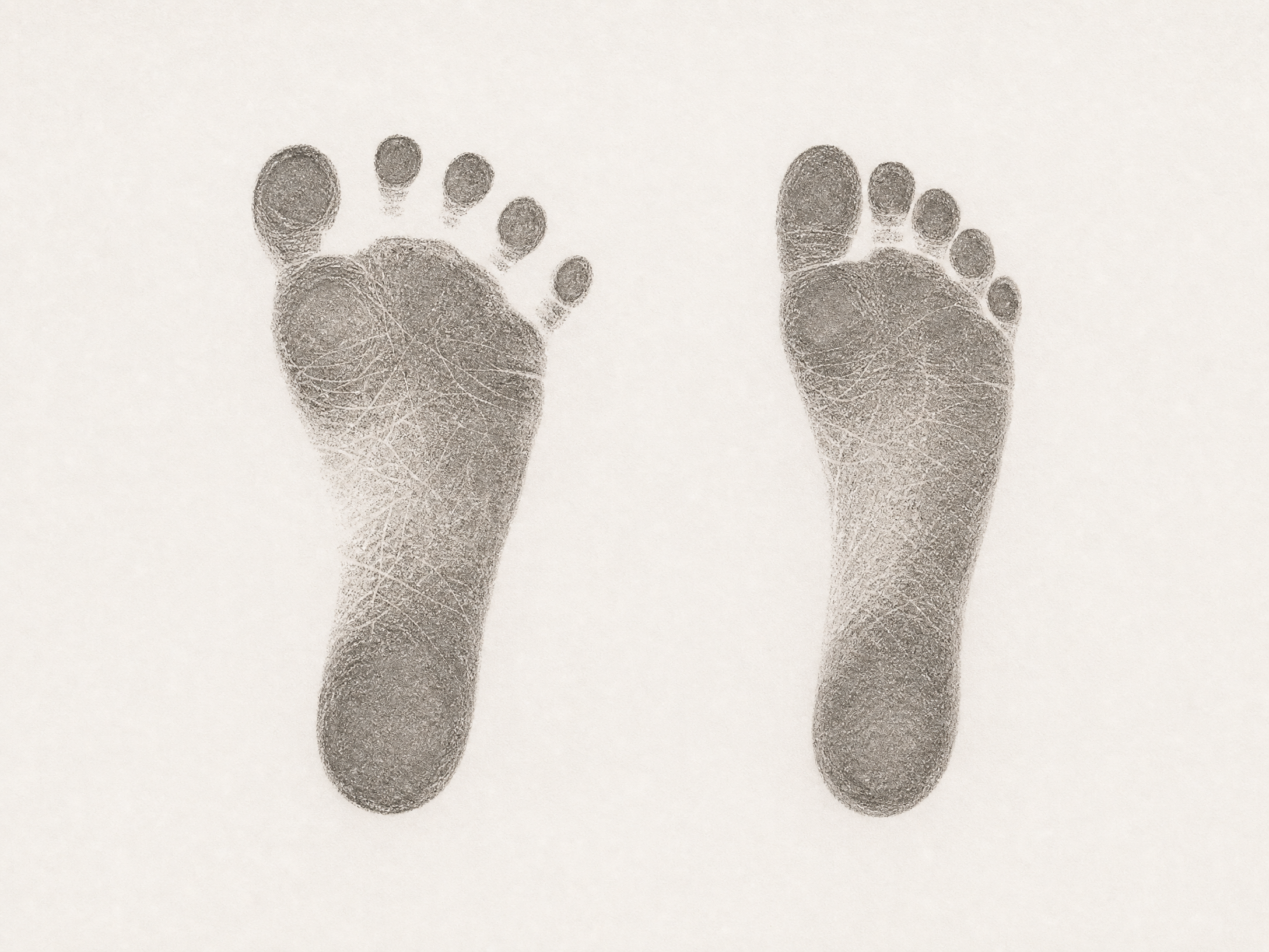 Graphite rubbings of a left and a right footprint on a light, textured background.
