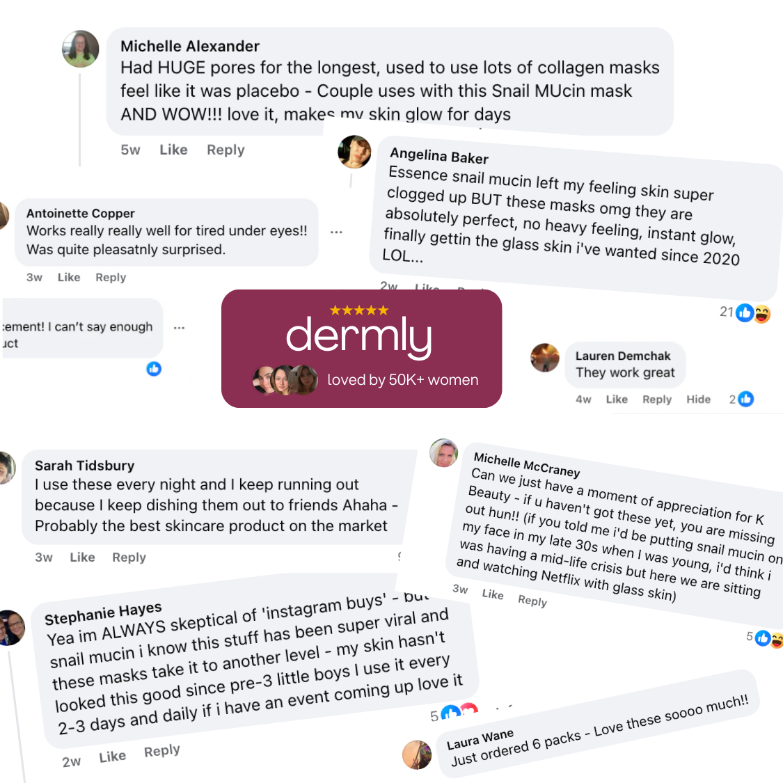 Image showing various positive social media comments about a skincare product called Dermly.