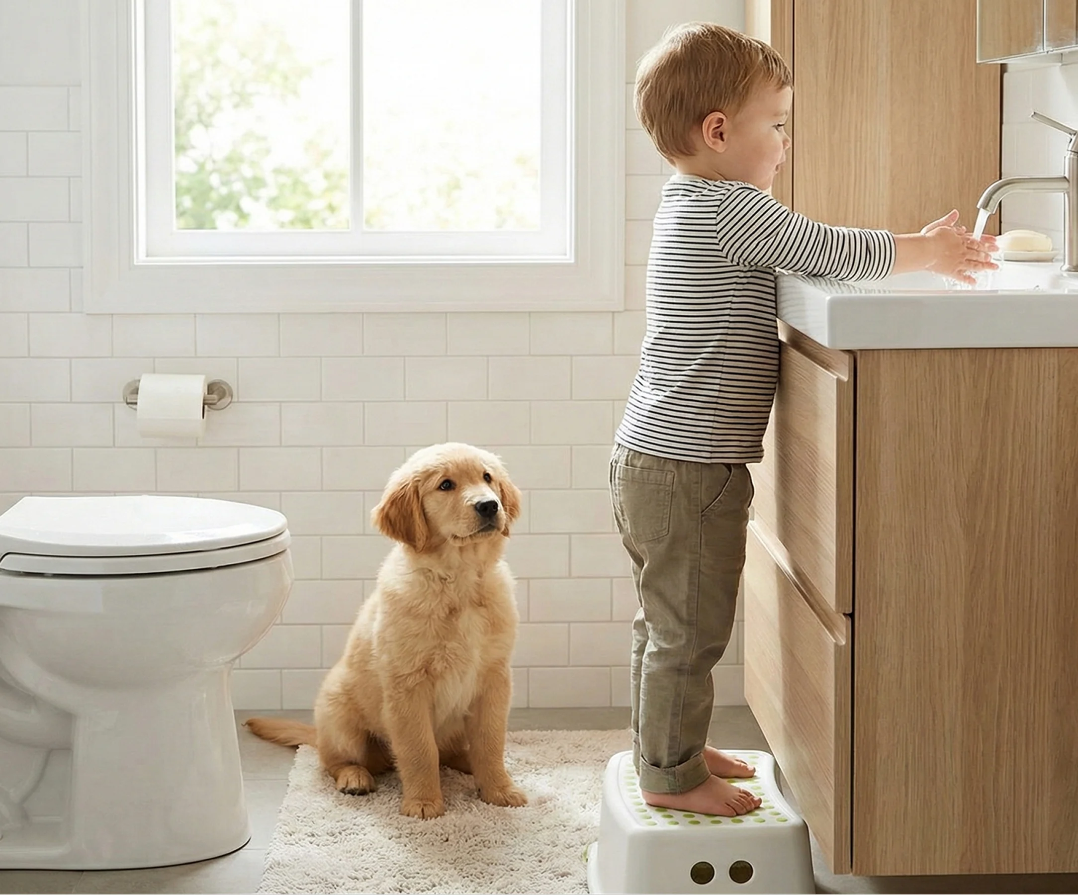 A toddler washes his hands at a sink while a golden retriever puppy sits on the floor watching.