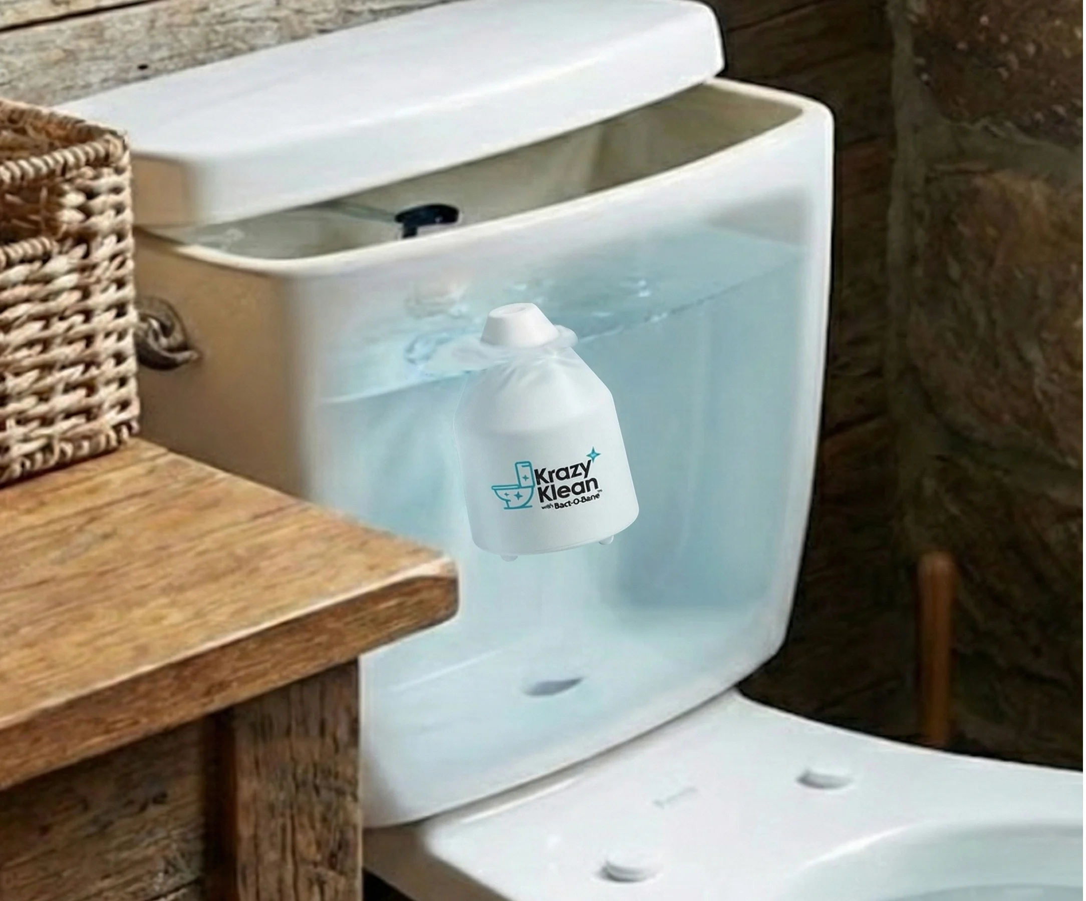A 'Krazy Klean' branded cleaning product submerged in the water of an open toilet tank.