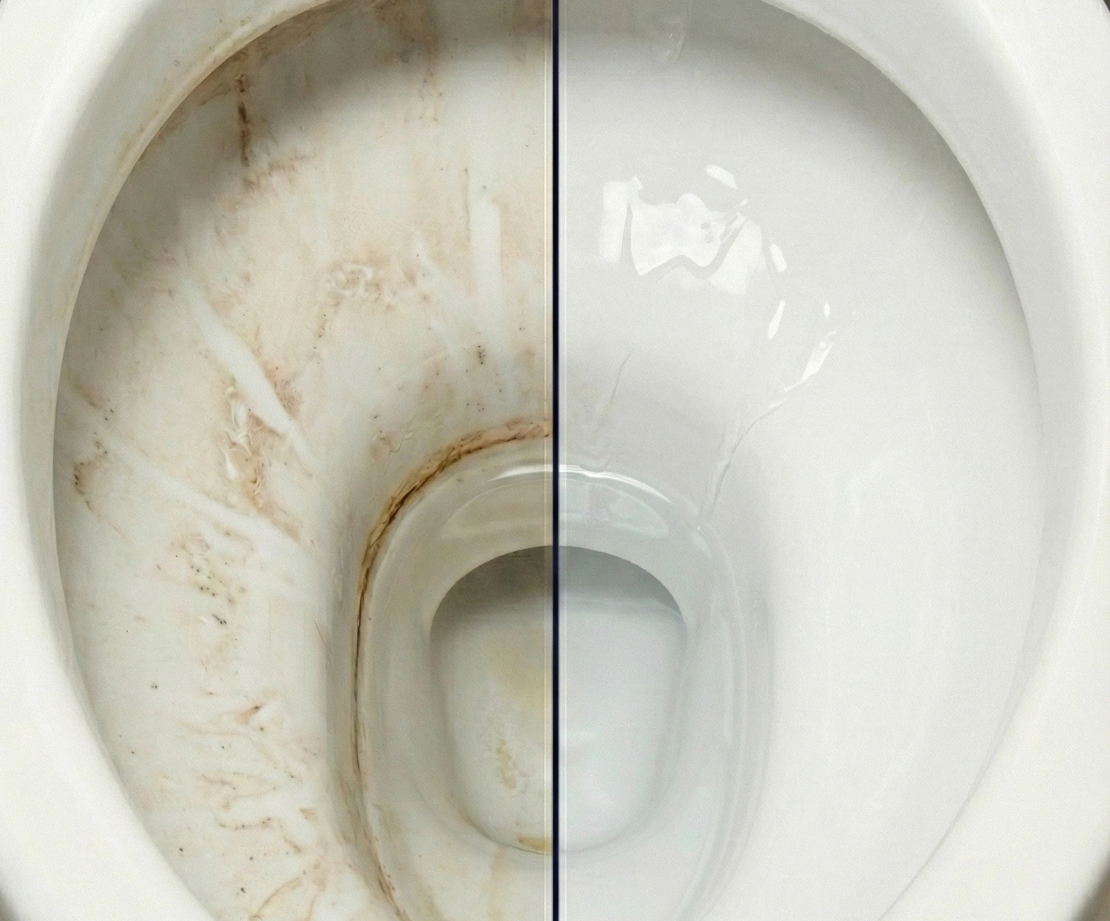 A split image showing the inside of a toilet bowl, half dirty and half clean.