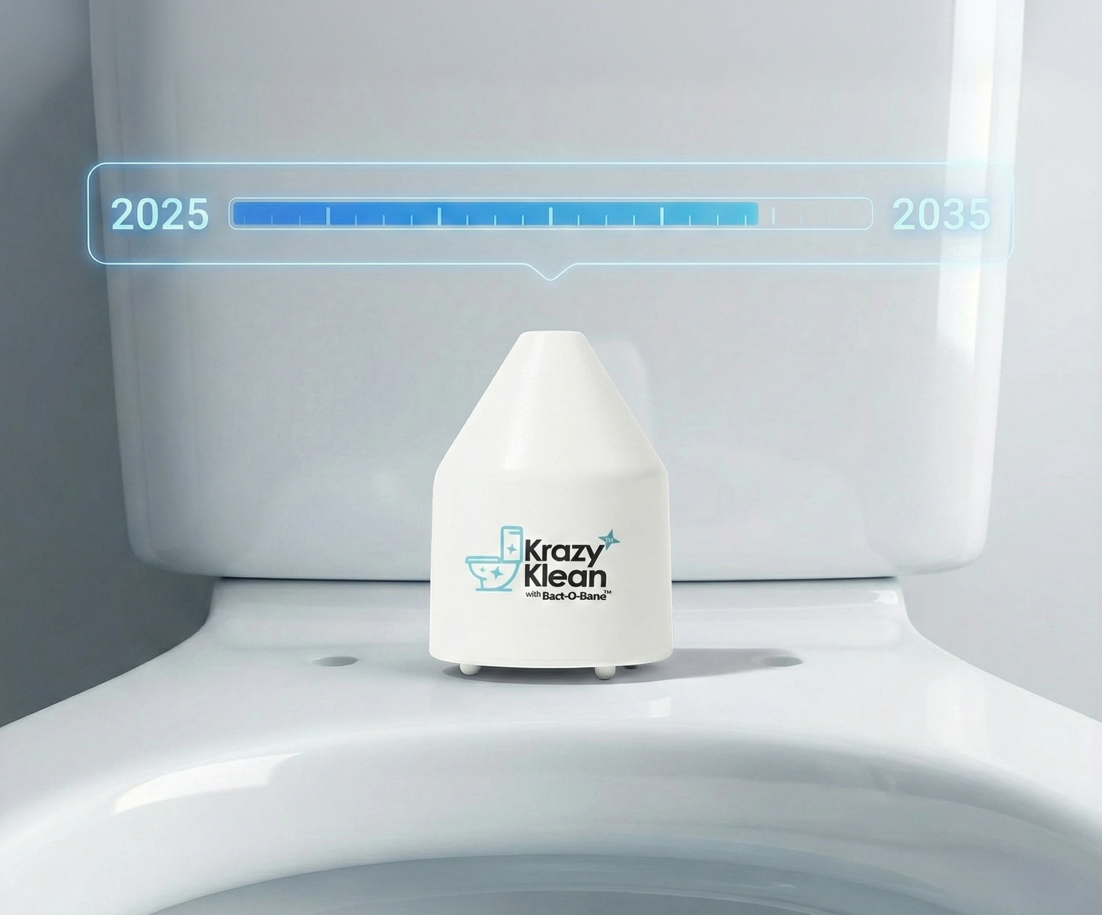 A white 'Krazy Klean' device on a toilet tank with a futuristic timeline graphic floating above it.