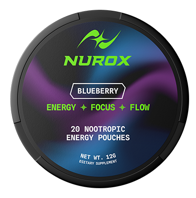 Round container labeled 'Nurox Blueberry' with energy supplement details.