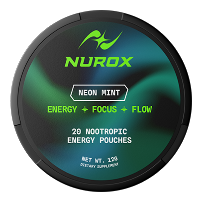 Round container labeled 'NUROX Neon Mint' with 20 nootropic energy pouches.