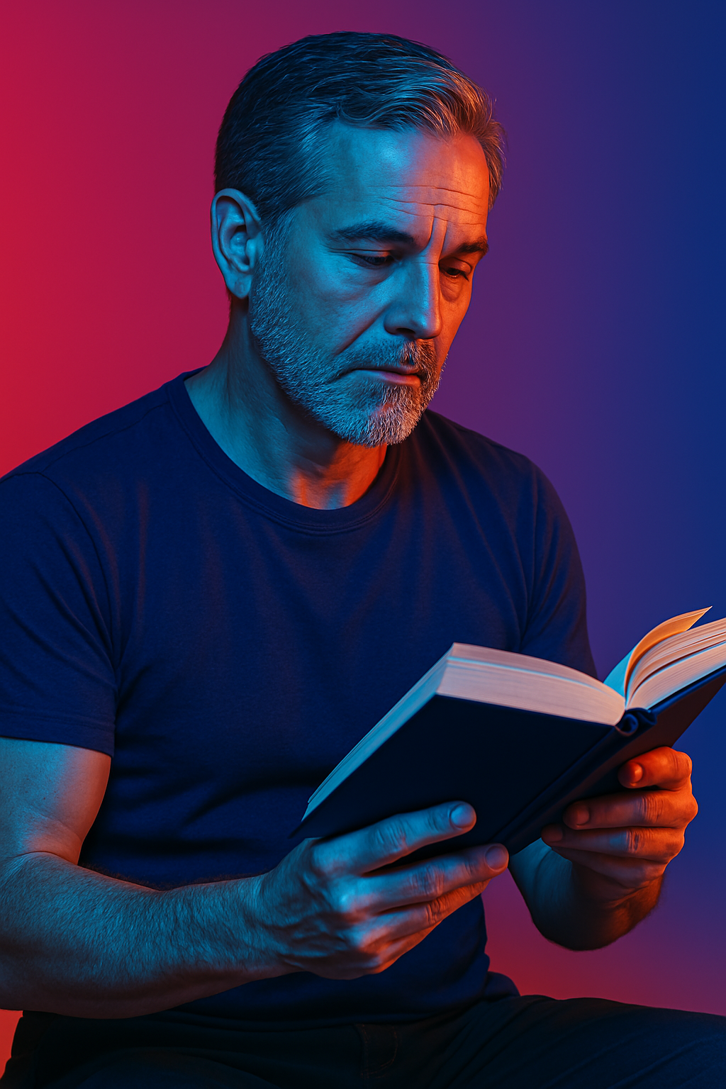 Man reading a book under red and blue lighting.