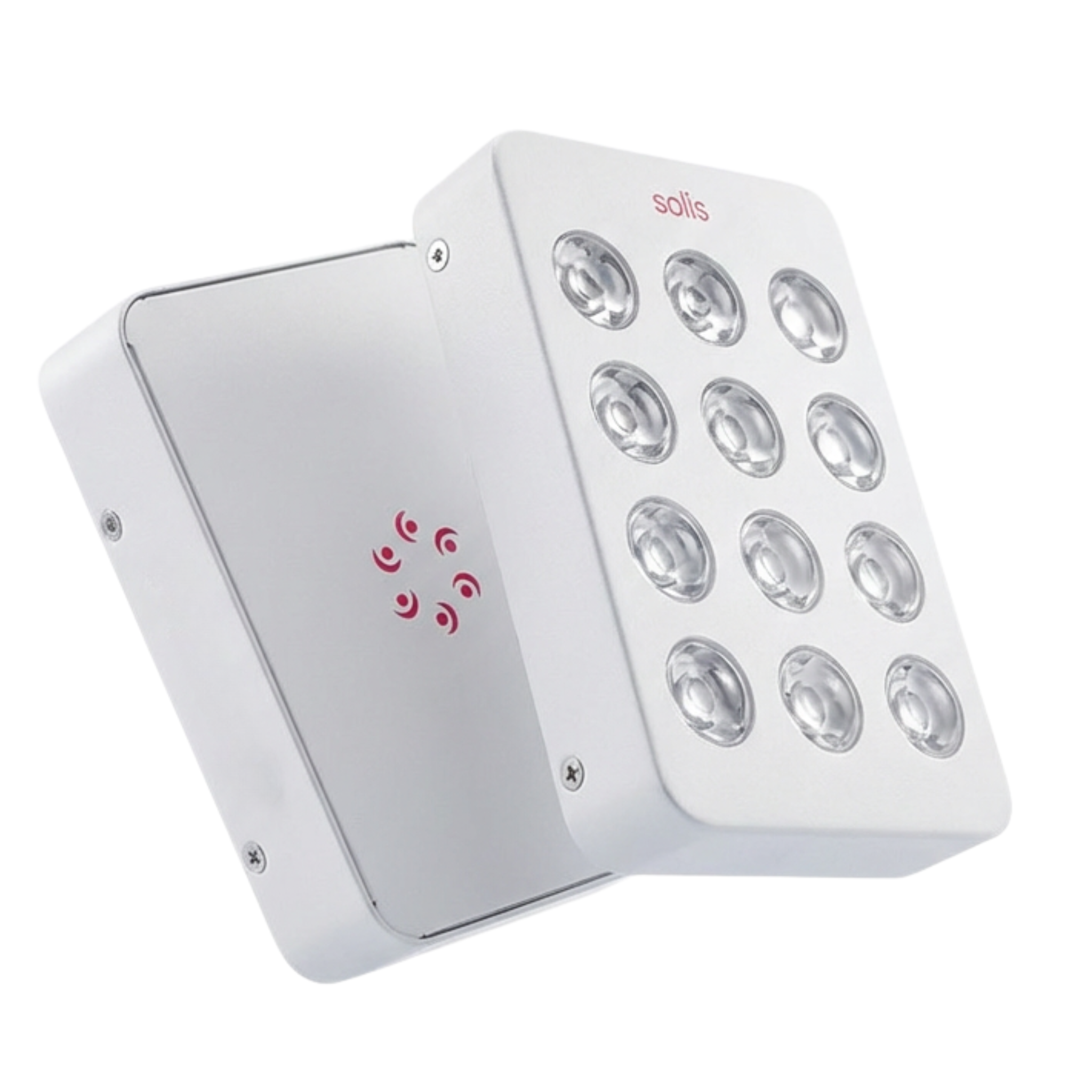A white, rectangular Solis light therapy device with twelve LED bulbs, angled against a white background.