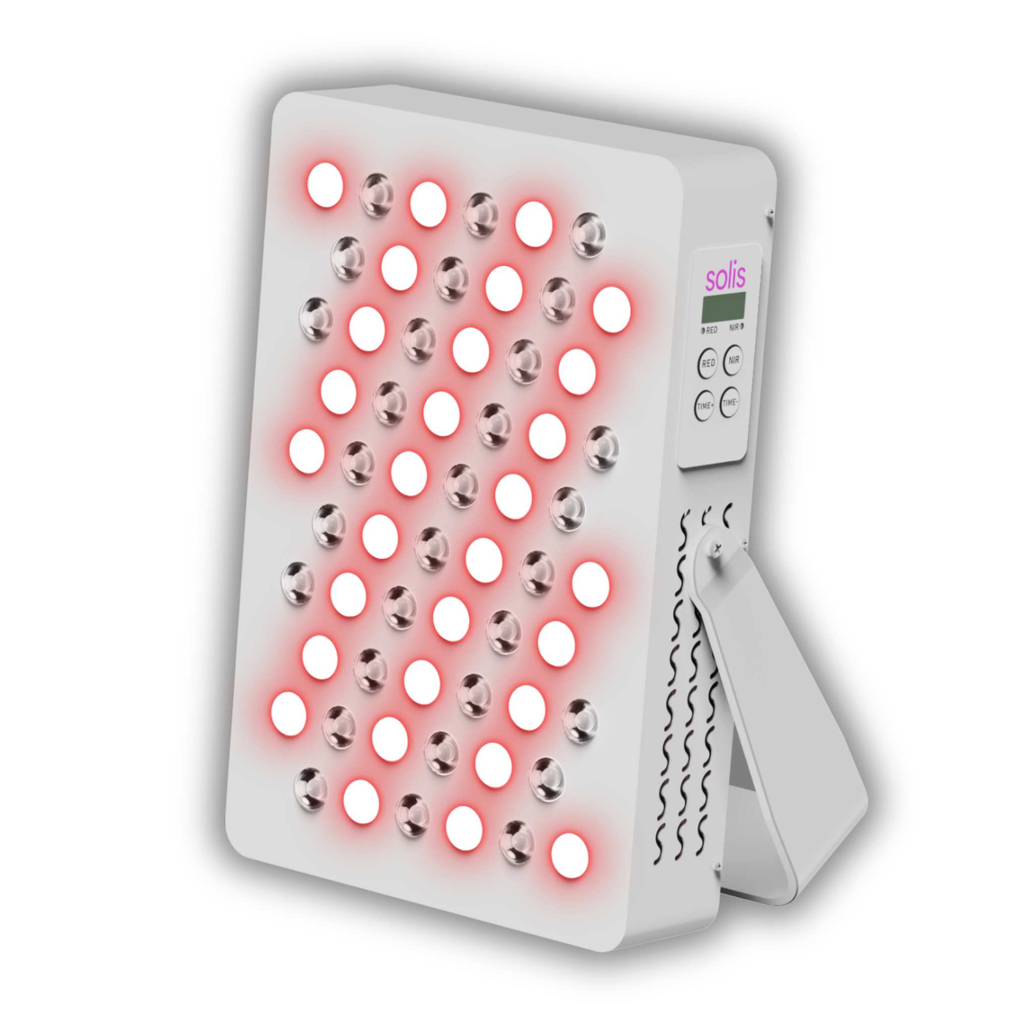 A white, rectangular Solis light therapy device with twelve circular bulbs, shown at an angle.