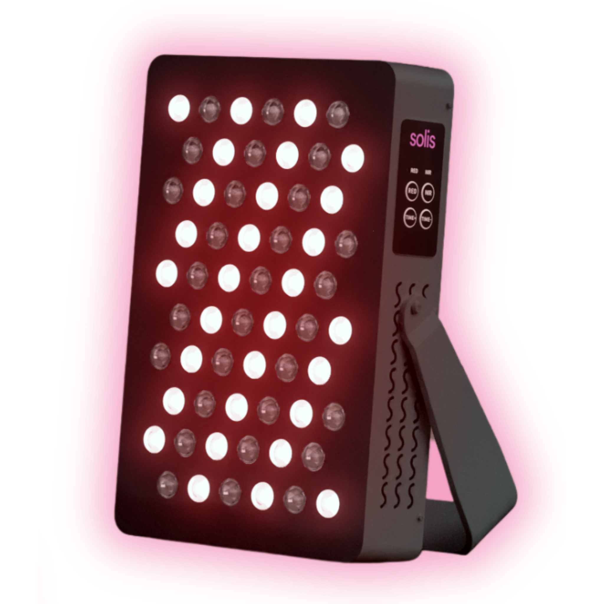 A Solis red light therapy device with its LED panel lit up, standing on its built-in stand.