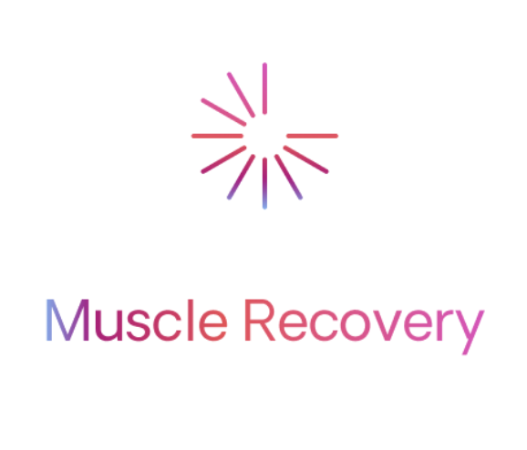 Logo with radial lines and text 'Muscle Recovery' in gradient colors.