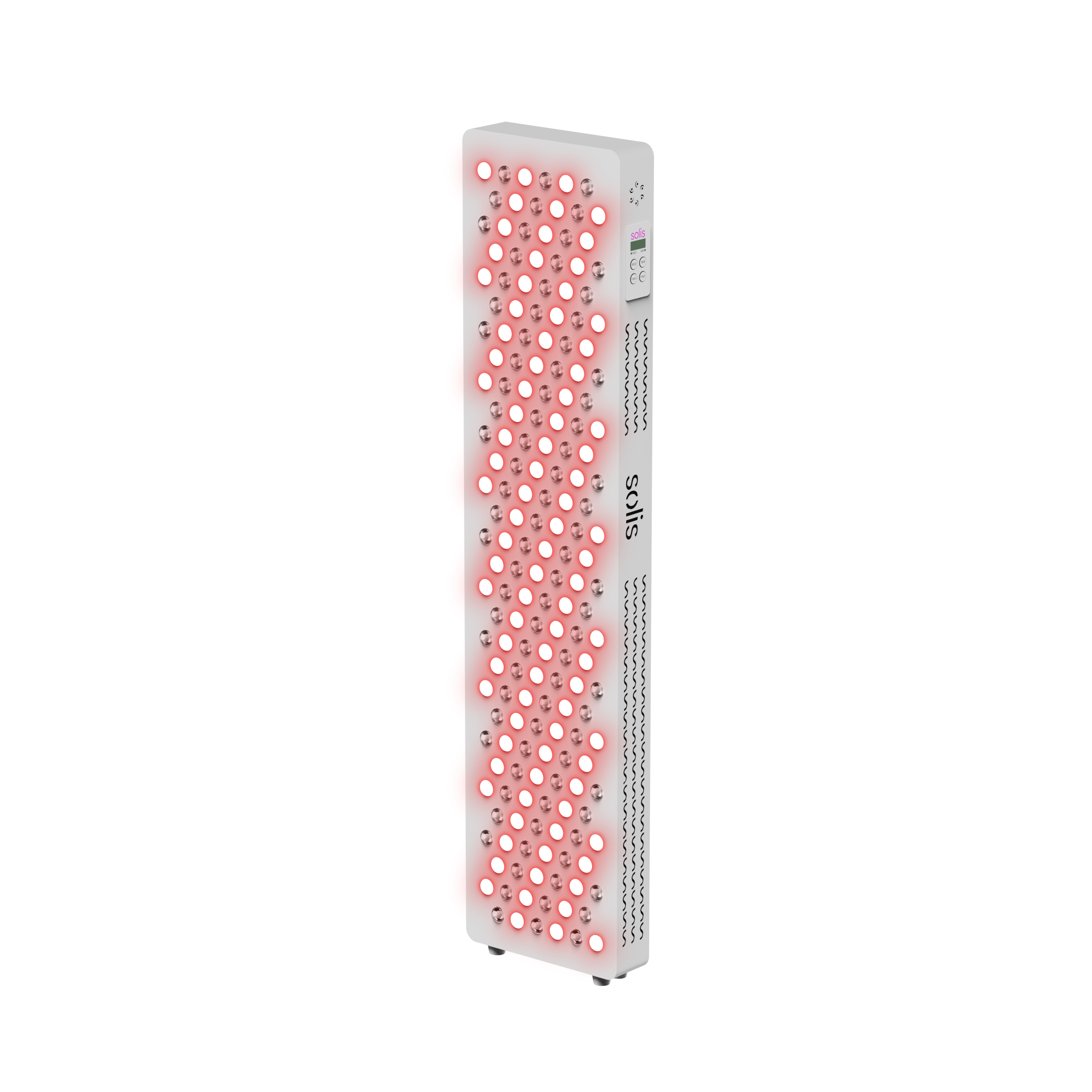 Rectangular device with multiple red and white lights on a green background.