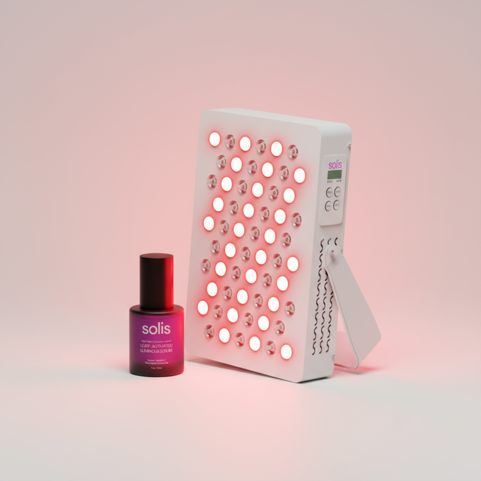 LED light device next to a bottle labeled 'solis' on a pink background.