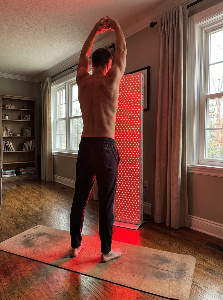 A shirtless man stretches on a yoga mat in front of a tall red light therapy panel.