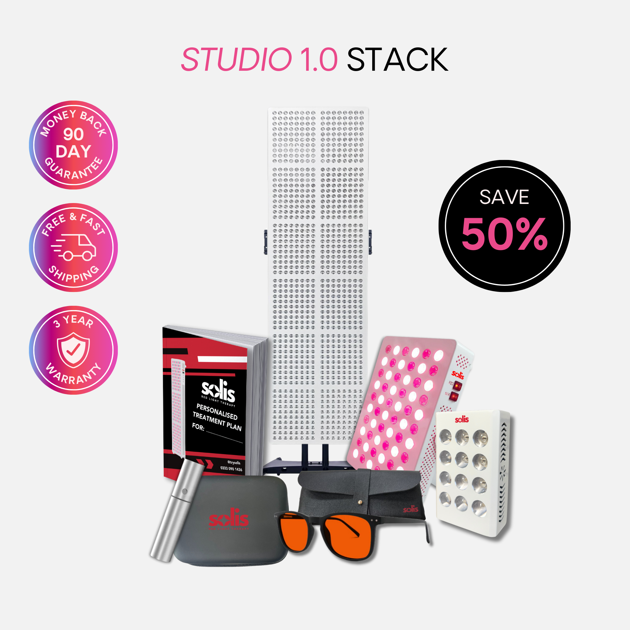 Collection of LED therapy devices, sunglasses, and promotional badges on a white background.