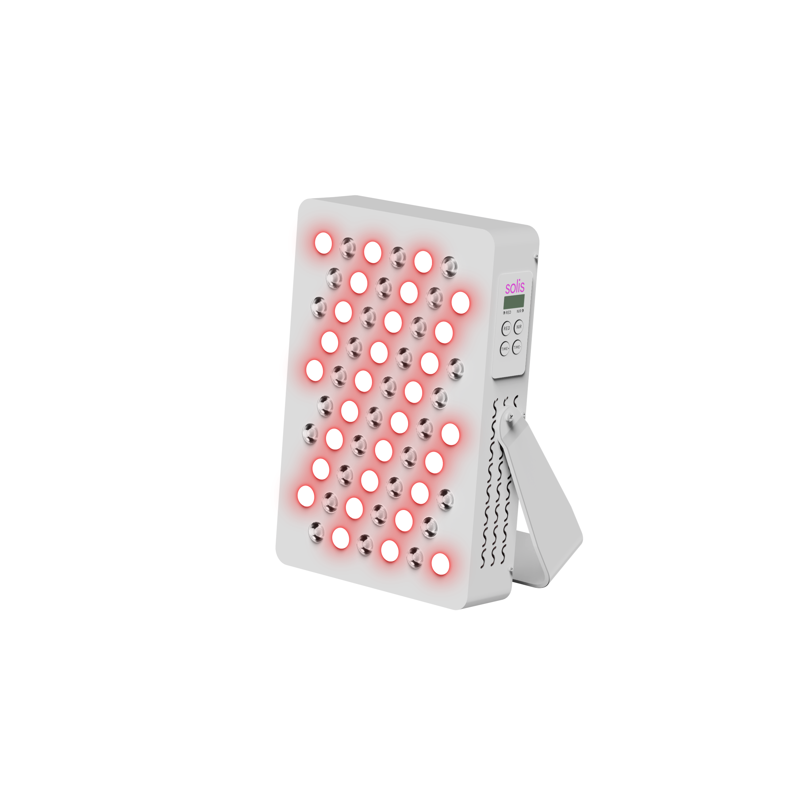 A white device with multiple red and silver circular lights on a green background.