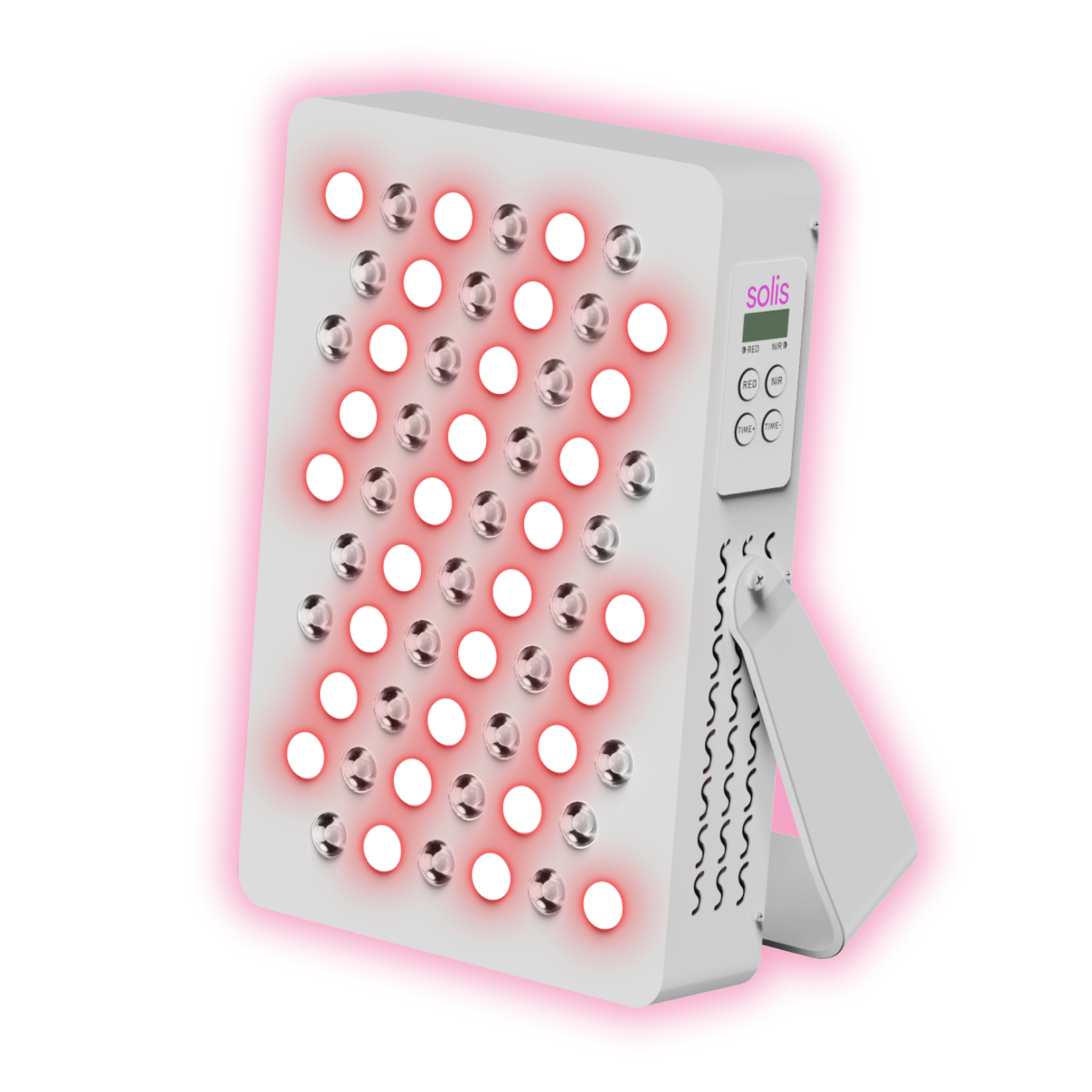 A white Solis red light therapy panel with glowing red lights, propped up on a kickstand.