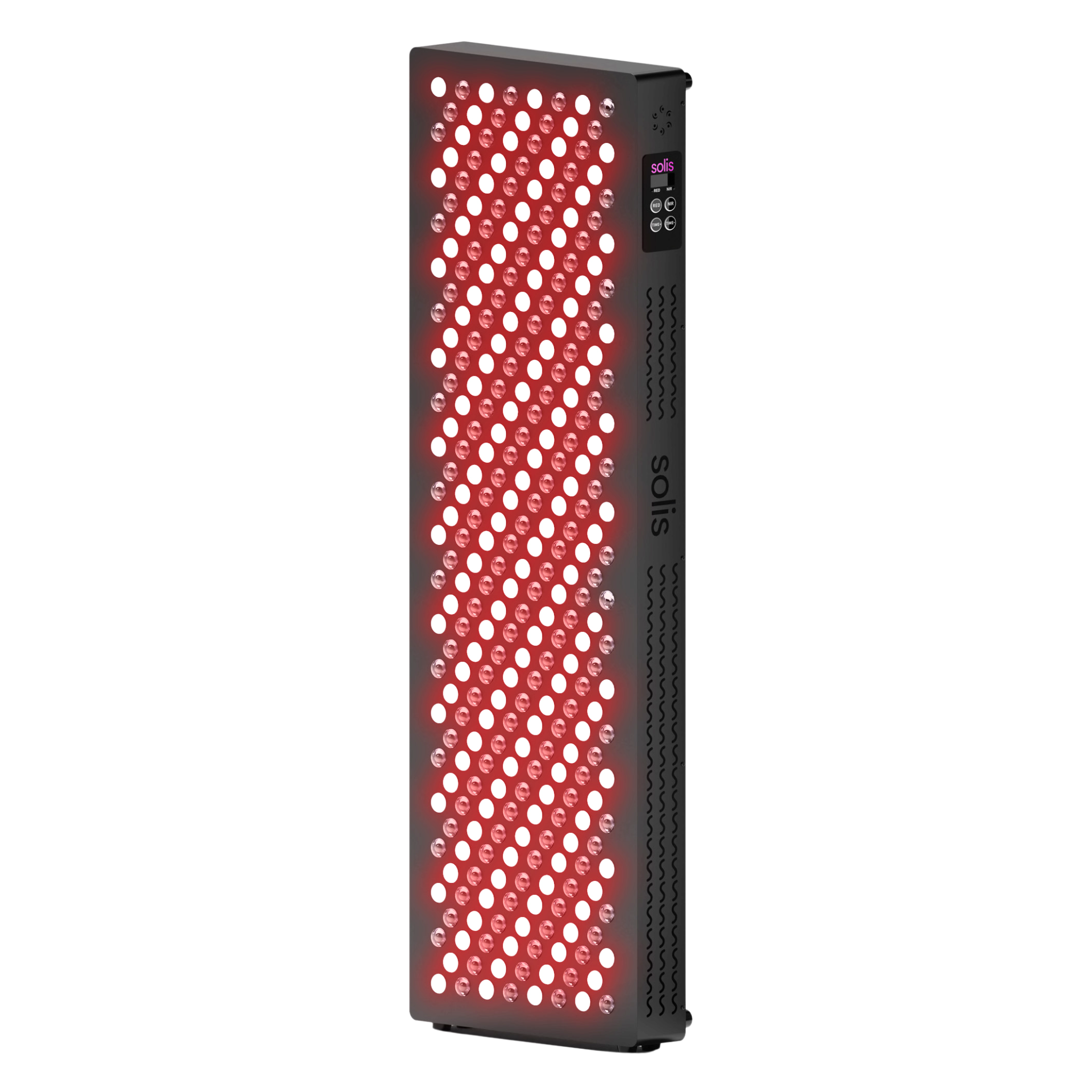A rectangular LED light panel emitting red light with controls on the side.