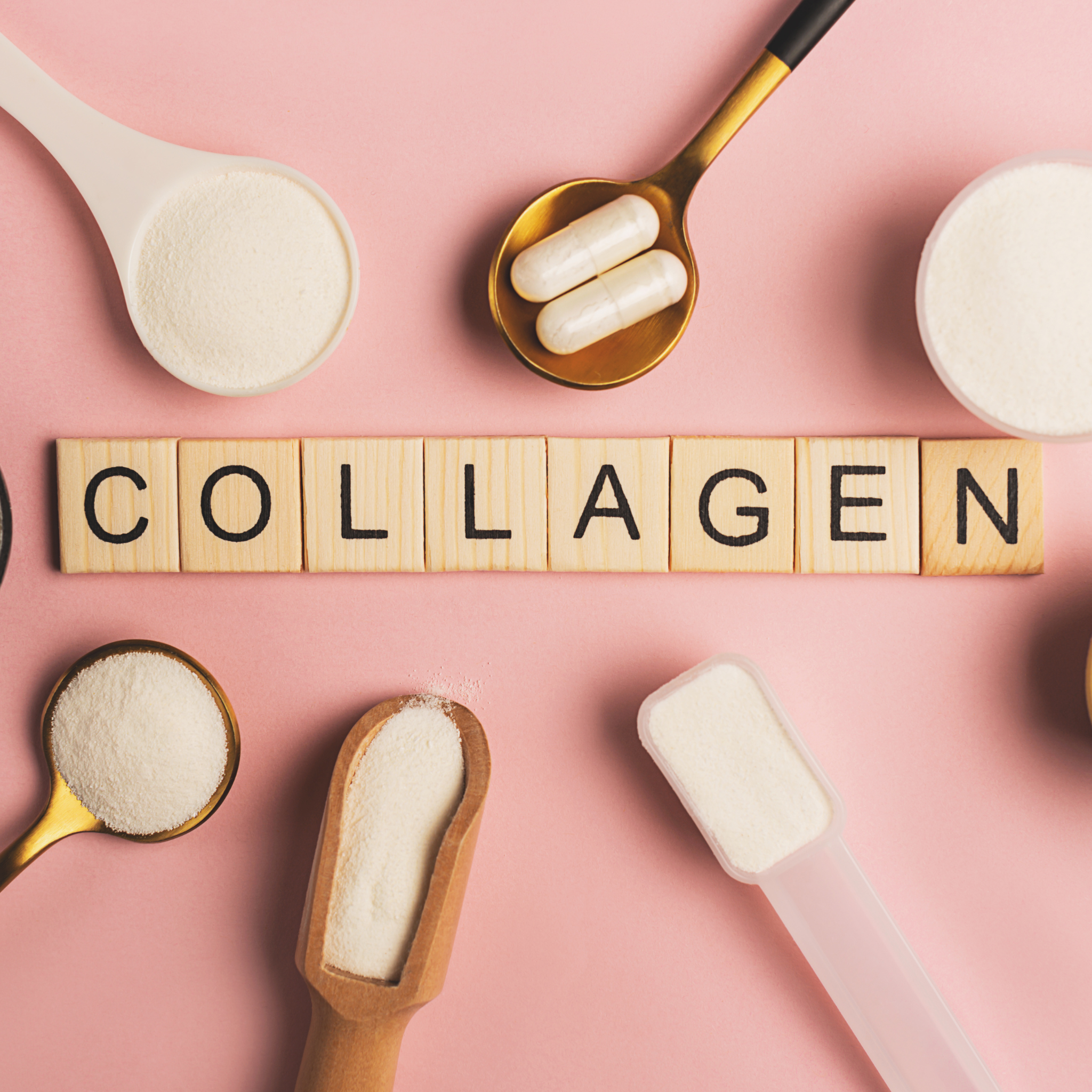 Collagen powders and capsules on a pink background with letter blocks spelling 'COLLAGEN'.