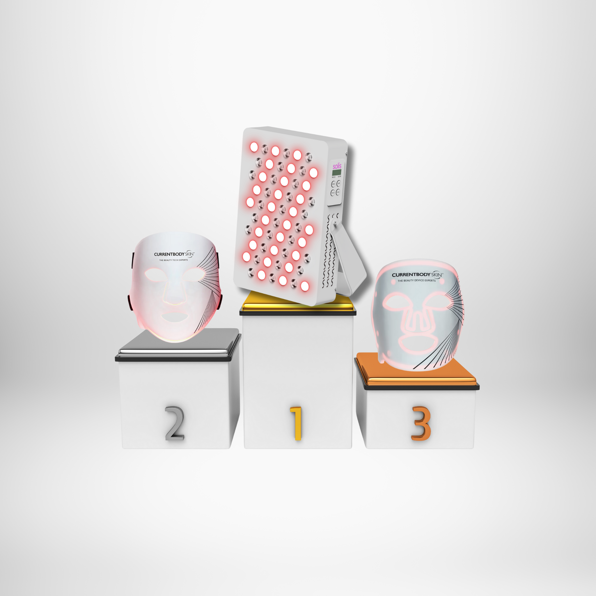 Three skincare devices on podiums labeled 1, 2, and 3.