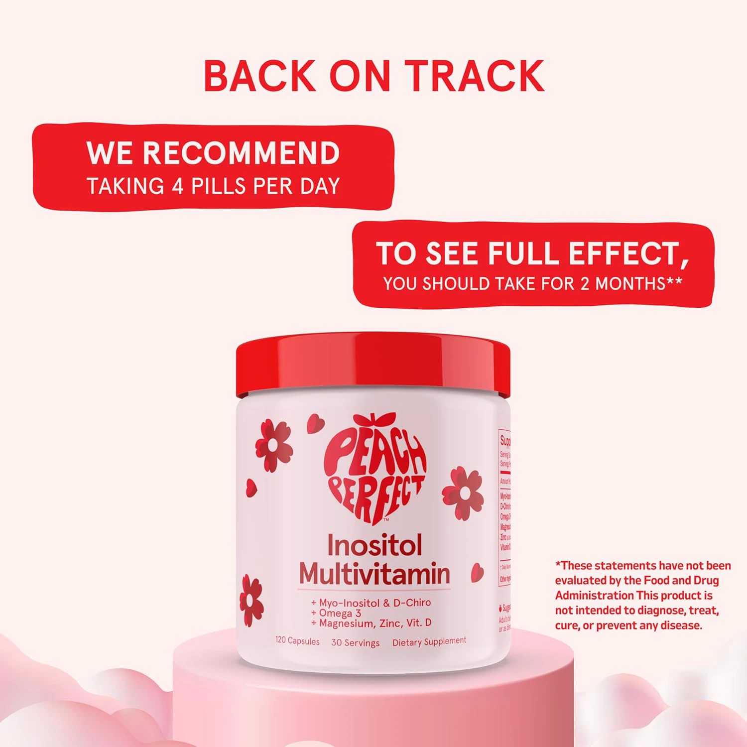 An advertisement for Peach Perfect Inositol Multivitamin supplement with dosage recommendations on a light pink background.