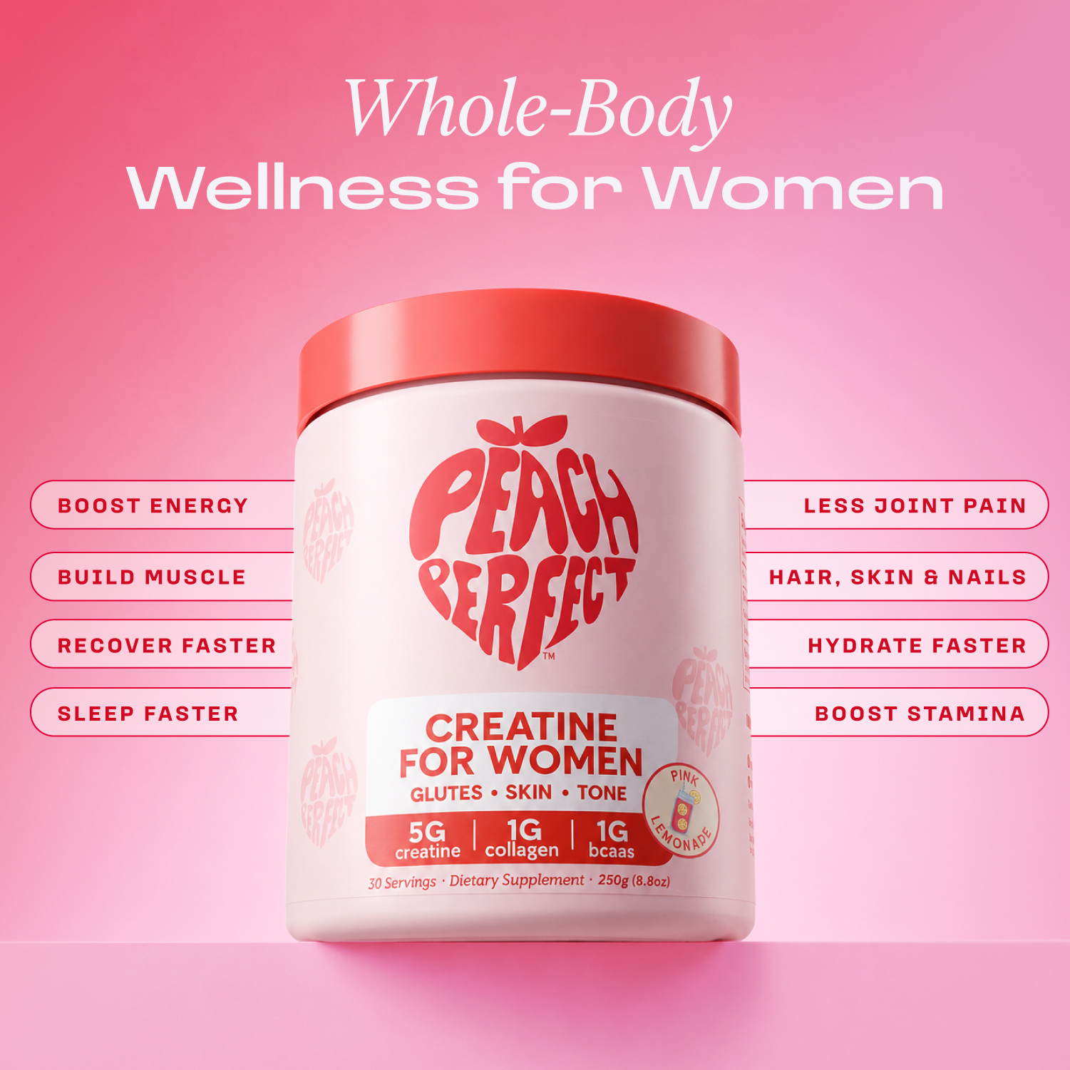 A tub of Peach Perfect Creatine for Women supplement, listing its health benefits on a pink background.