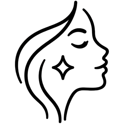 A black line drawing of a woman's profile with closed eyes and a sparkle on her cheek.