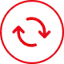 A red circular icon with two red arrows inside pointing in a circular direction.