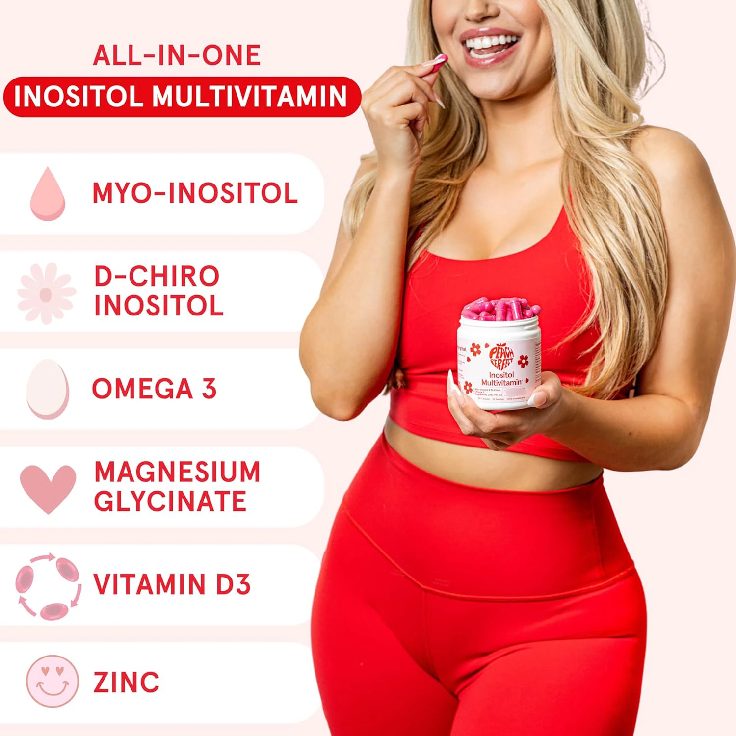 A woman in red sportswear holds a bottle of Inositol Multivitamin, with a list of ingredients displayed.