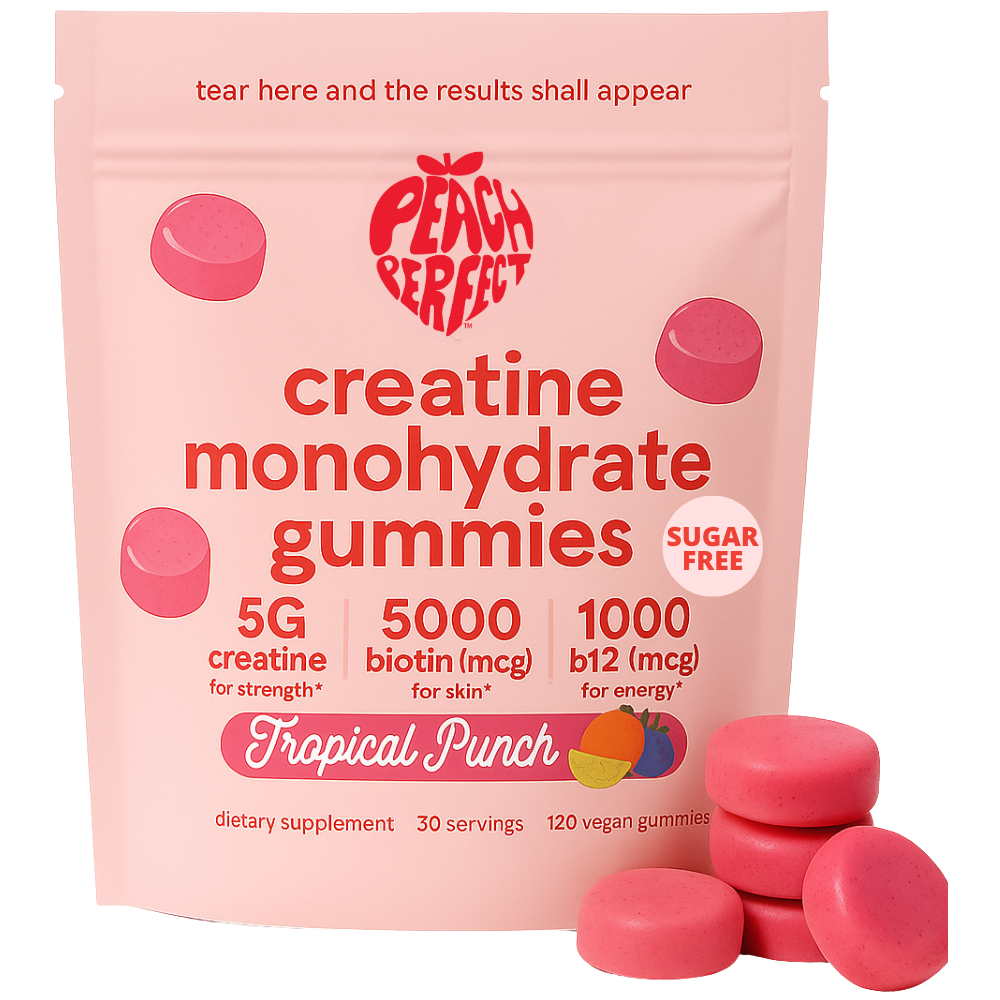 Pink bag of creatine gummies labeled 'Peach Perfect,' with stacked pink gummies beside it.